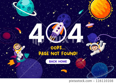 Page 404, galaxy space landscape with kids astronauts. Web resource not found warning with cute cosmonauts in Universe with stars and planets. Operation system maintenance, update, connection problem 116110108