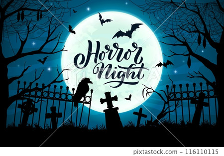 Halloween cemetery landscape silhouette with grave stones. Vector chilling scene of moonlit graveyard with rickety fence, raven sitting on tombstone, eerie bats and trees, evoking creepy atmosphere Halloween cemetery landscape silhouette with grave stones. Vector chilling scene of moonlit graveyard with rickety fence, raven sitting on tombstone, eerie bats and trees, evoking creepy atmosphere 116110115