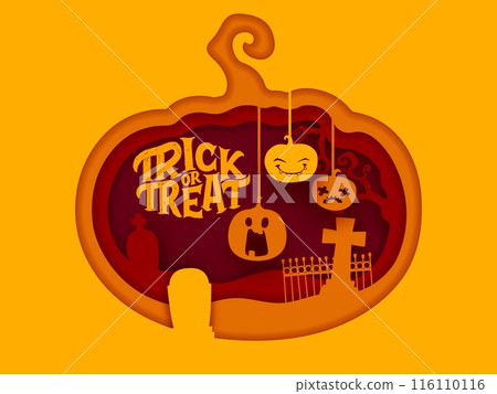 Halloween paper cut banner with pumpkins and cemetery tombstones. 3d vector frame in shape of gourd with spooky jack lanterns on creepy graveyard landscape with eerie trees, stone crosses and tombs Halloween paper cut banner with pumpkins and cemetery tombstones. 3d vector frame in shape of gourd with spooky jack lanterns on creepy graveyard landscape with eerie trees, stone crosses and tombs 116110116
