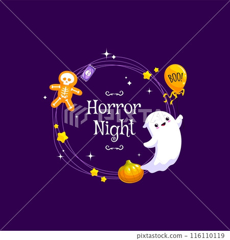 Halloween frame with kawaii ghost, holiday sweets and candies. Vector spooktacular border for horror party night celebration with adorable spook character, boo balloon and ghostly gingerbread man 116110119