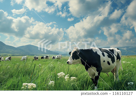 A herd of dairy cows grazing under a blue sky 116110127