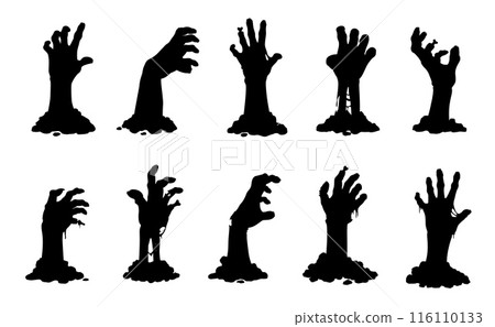 Zombie hands, undead corpse arms reaching out from grave, vector silhouette icons. Halloween horror holiday cartoon dead zombie hands with bones, crooked fingers and nails, dead demon or zombie hands Zombie hands, undead corpse arms reaching out from grave, vector silhouette icons. Halloween horror holiday cartoon dead zombie hands with bones, crooked fingers and nails, dead demon or zombie hands 116110133