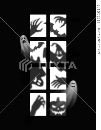 Realistic ghost monster silhouettes at Halloween window. Eerie shadows of spooks, creepy hands and bats ethereal forms dancing in the darkness, casting a spine-chilling ambiance on the spooky night Realistic ghost monster silhouettes at Halloween window. Eerie shadows of spooks, creepy hands and bats ethereal forms dancing in the darkness, casting a spine-chilling ambiance on the spooky night 116110145
