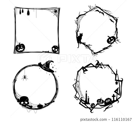 Black Halloween holiday frames with spooky pumpkins and spider cobwebs, vector silhouette borders. Halloween holiday greeting card frames with skeleton skull, witch hat and tombstone on cemetery 116110167