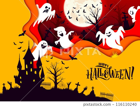 Halloween paper cut banner with dark castle and ghosts on cemetery. Vector greeting card with black silhouette of haunted house, graveyard, zombie hands and 3d wavy frame with funny spooks and bats Halloween paper cut banner with dark castle and ghosts on cemetery. Vector greeting card with black silhouette of haunted house, graveyard, zombie hands and 3d wavy frame with funny spooks and bats 116110240