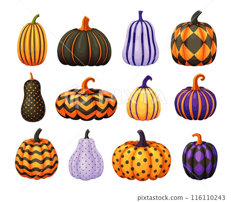 Halloween cartoon pumpkins with holiday ornaments and patterns. Isolated vector painted gourds creatively adorned with stripes, dots, zig-zag festive seasonal motifs, that captures spirit of season 116110243