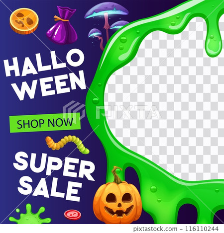 Halloween sale and offer banner with green slime frame and scary pumpkin, vector background. Halloween holiday discount promo banner with trick or treat candy for shop or store promotion sale 116110244