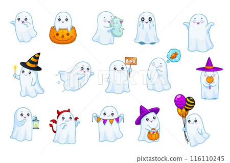 Halloween kawaii ghost characters and funny cute boo poltergeist for holiday, cartoon vector. Cheerful white ghosts with pumpkin, witch hat and Halloween balloons, trick or treat candy and ghost cat Halloween kawaii ghost characters and funny cute boo poltergeist for holiday, cartoon vector. Cheerful white ghosts with pumpkin, witch hat and Halloween balloons, trick or treat candy and ghost cat 116110245