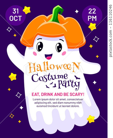 Halloween costume party flyer with funny kawaii ghost character. Fall season holiday, Happy Halloween or autumn scary party vector placard or poster with cute kawaii ghost personage in pumpkin hat Halloween costume party flyer with funny kawaii ghost character. Fall season holiday, Happy Halloween or autumn scary party vector placard or poster with cute kawaii ghost personage in pumpkin hat 116110246