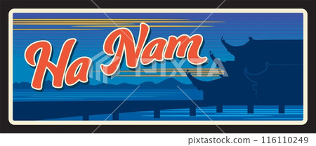 Ha Nam vietnamese regions vintage vector card and travel sticker. Vietnam province tin sign or metal plate with landmark, region map and national emblem with pagoda temple silhouette Ha Nam vietnamese regions vintage vector card and travel sticker. Vietnam province tin sign or metal plate with landmark, region map and national emblem with pagoda temple silhouette 116110249
