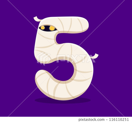 Halloween font number 5 as mummy monster for horror alphabet, vector cartoon type character. Halloween holiday ABC font and spooky typeface of number Five in shape of creepy mummy zombie 116110251