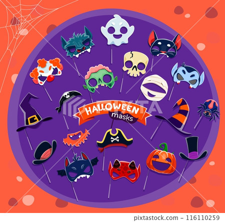Halloween photo booth masks with props and cartoon scary characters, holiday vector poster. Halloween funny masks of pumpkin, ghost boo and witch hat, horror clown with spider and devil and vampire 116110259