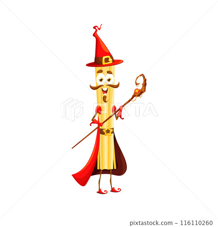 Cartoon Halloween italian pasta wizard character. Isolated vector spaghetti with a spooky Hallowmas twist. Funny macaroni personage wearing red classic pointed hat and cape holding magic staff 116110260