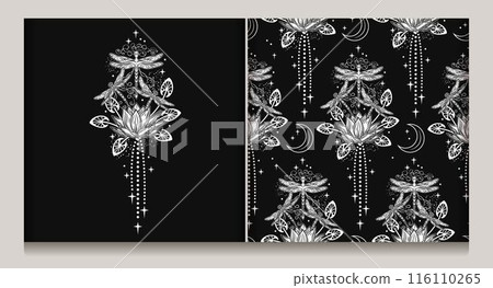 Seamless mystical monochrome fantasy pattern, composition with lotus flower, flying fantasy dragonflies, dragonfly pixie, faerie, stars. Mysterious, mystical concept. Vintage style. 116110265