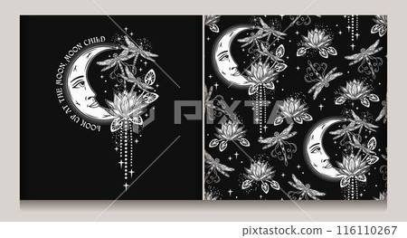 Seamless celestial pattern, label with lotus flower, flying fantasy dragonflies, moon crescent with face, stars. Mysterious magic concept. Monochrome illustration in vintage style. Seamless celestial pattern, label with lotus flower, flying fantasy dragonflies, moon crescent with face, stars. Mysterious magic concept. Monochrome illustration in vintage style. 116110267