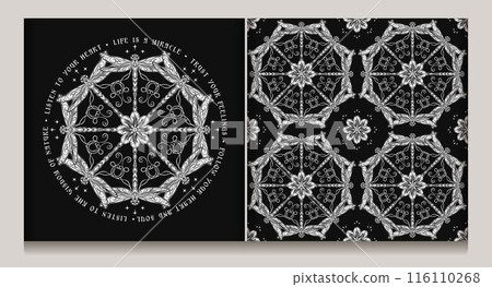 Monochrome pattern, label with circular ornament like mandala with chamomile flower in center, fantasy dragonfly with curled antennae. Inspirational text. Black background Art Nouveau style. 116110268