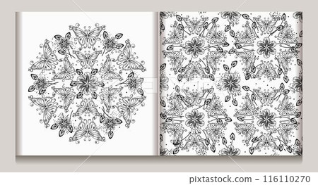 Black and white seamless pattern, label with circular ornament like mandala with chamomile flower in center, fantasy butterfly with curled antennae. Geometric background. Art Nouveau style. 116110270
