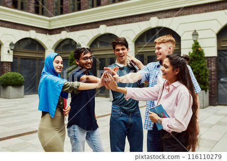 Caucasian, Arabian, Indian, and Muslim people, multiracial students standing outside the university and interacting, preparing for common project. 116110279