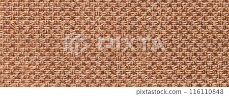 Texture of brown background from woven textile material with wicker pattern, macro. Vintage fabric cloth, 116110848