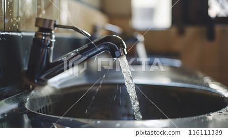 Modern Clean Public Bathroom Sink with Flowing Water High Quality Closeup. 116111389