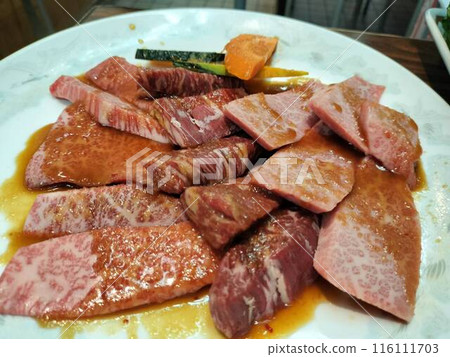 Delicious assortment of yakiniku Delicious assortment of yakiniku 116111703