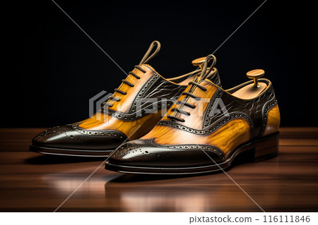 Black and yellow shoes on wooden table 116111846