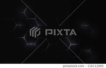 Black hexagon abstract technology background with white bright flashes 116112000