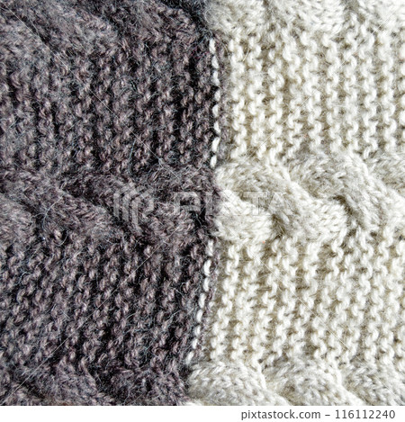 Handmade knitted fabric grey and white wool background texture 116112240