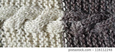 Handmade knitted fabric grey and white wool background texture 116112248