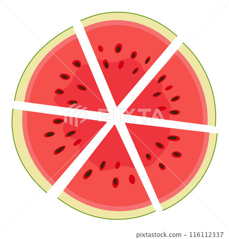 Ripe red cut segmented watermelon top view. Hand drawn flat style sweet juicy summer fruit Ripe red cut segmented watermelon top view. Hand drawn flat style sweet juicy summer fruit 116112337