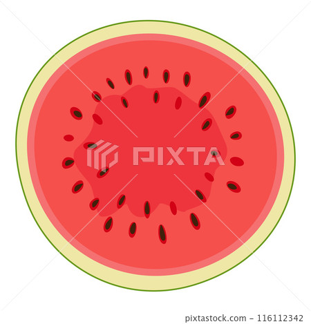 Ripe red cut watermelon top view. Hand drawn flat style sweet juicy summer fruit Ripe red cut watermelon top view. Hand drawn flat style sweet juicy summer fruit 116112342