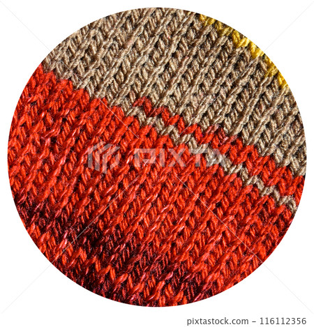 Handmade knitted fabric red yellow and beige wool background texture 116112356