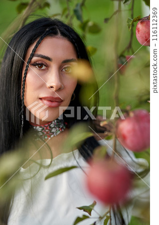 Attractive Caucasian beauty with vivid ethnic necklace posing in apple orchard. Portrait of pretty, young female with little braid, hiding behind apple branch in fall garden. Female beauty concept. Attractive Caucasian beauty with vivid ethnic necklace posing in apple orchard. Portrait of pretty, young female with little braid, hiding behind apple branch in fall garden. Female beauty concept. 116112369