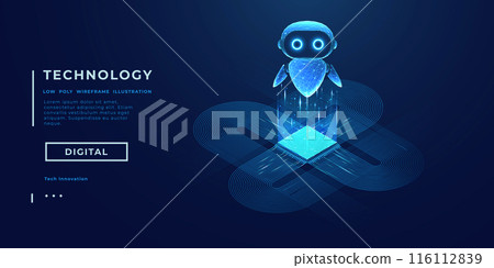 3D vector AI robot consists of wireframe polygons and connected dots 3D vector AI robot consists of wireframe polygons and connected dots 116112839