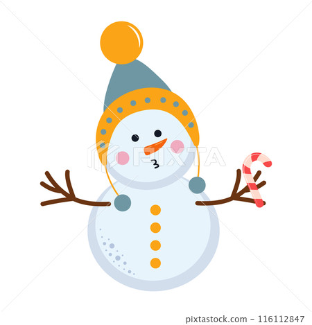 Cute snowman in warm hat holding candy cane. Cartoon winter character.  116112847