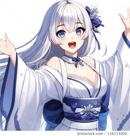 A girl in a kimono pointing with a smile 116113008