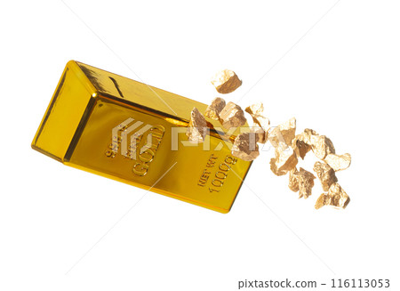 Gold Bar float in mid air with element ingot nugget. Gold bar standard is bank reserve to finance economic wealth and money saving. White background isolated Gold Bar float in mid air with element ingot nugget. Gold bar standard is bank reserve to finance economic wealth and money saving. White background isolated 116113053
