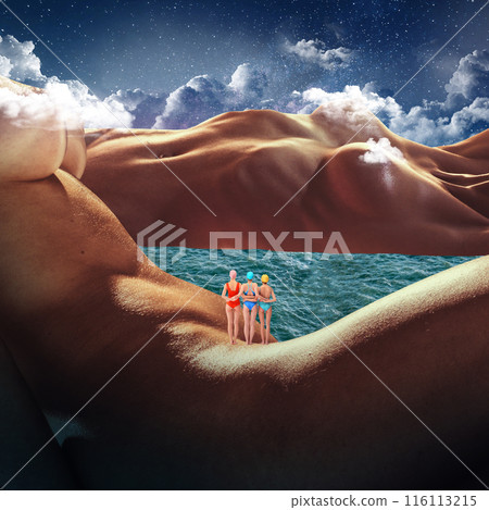 Poster. Contemporary art collage. Women in swimsuits standing on landscape of giant human body against sea and cloudy sky background. 116113215