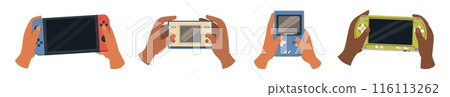 Person hands holding portable gamepad with digital screen set 116113262