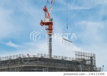 Construction site: Crane lifting weights 116113309