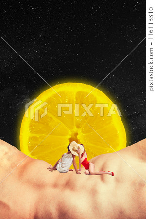 Poster. Contemporary art collage. Women and men lounging on giant human back as on beach against cosmic backdrop with lemon slice looks like sun. 116113310