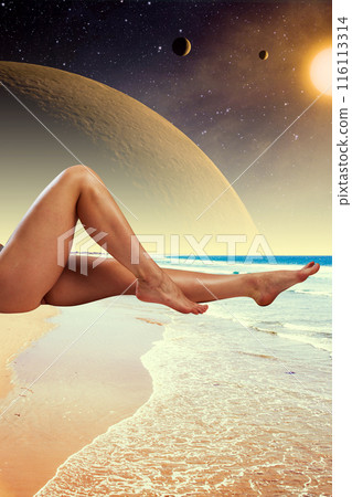 Poster. Contemporary art collage. Human legs lounging on beach, with otherworldly background of planets and stars in sky. Dreamlike atmosphere. 116113314