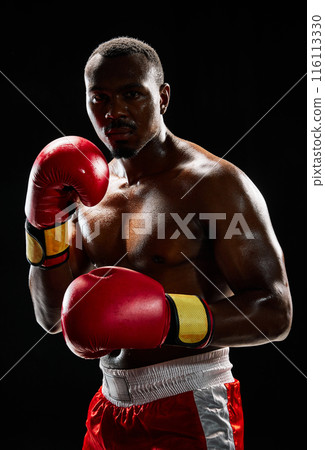 Portrait of athlete in red boxing gloves, ready for action, with a focused and serious expression isolated on black background 116113330