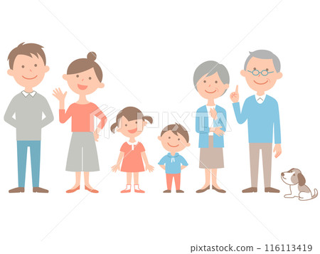 一家六口和他們的寵物並排的全身 116113419