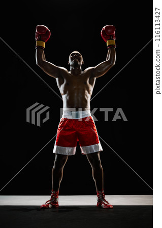 African muscular man, strong boxing athlete in celebratory pose, showcasing his success isolated on black background African muscular man, strong boxing athlete in celebratory pose, showcasing his success isolated on black background 116113427