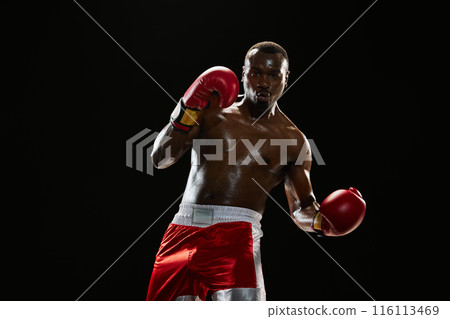 Muscular serious man, boxer with shirtless and sweating body training, punching isolated on black background Muscular serious man, boxer with shirtless and sweating body training, punching isolated on black background 116113469