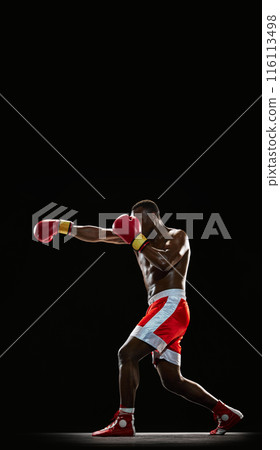 Intensive and focused image of shirtless African-American man, boxer in red gloves and shorts isolated on black background 116113498