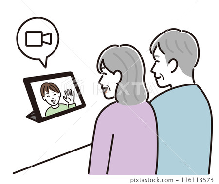 Elderly couple having a video call with their grandchild Elderly couple having a video call with their grandchild 116113573