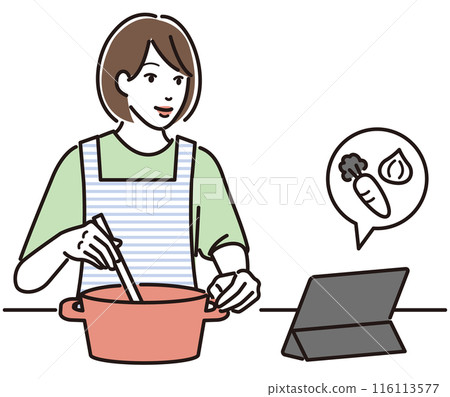 A woman cooking while looking at a recipe on a tablet A woman cooking while looking at a recipe on a tablet 116113577