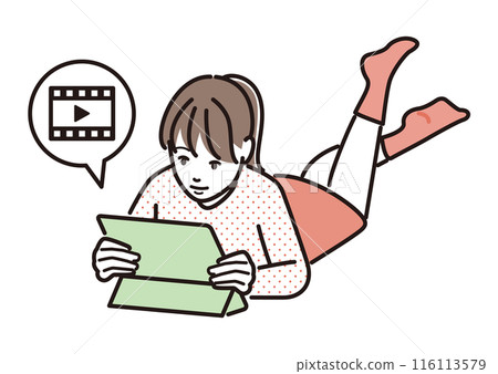 Girl watching videos on tablet Girl watching videos on tablet 116113579